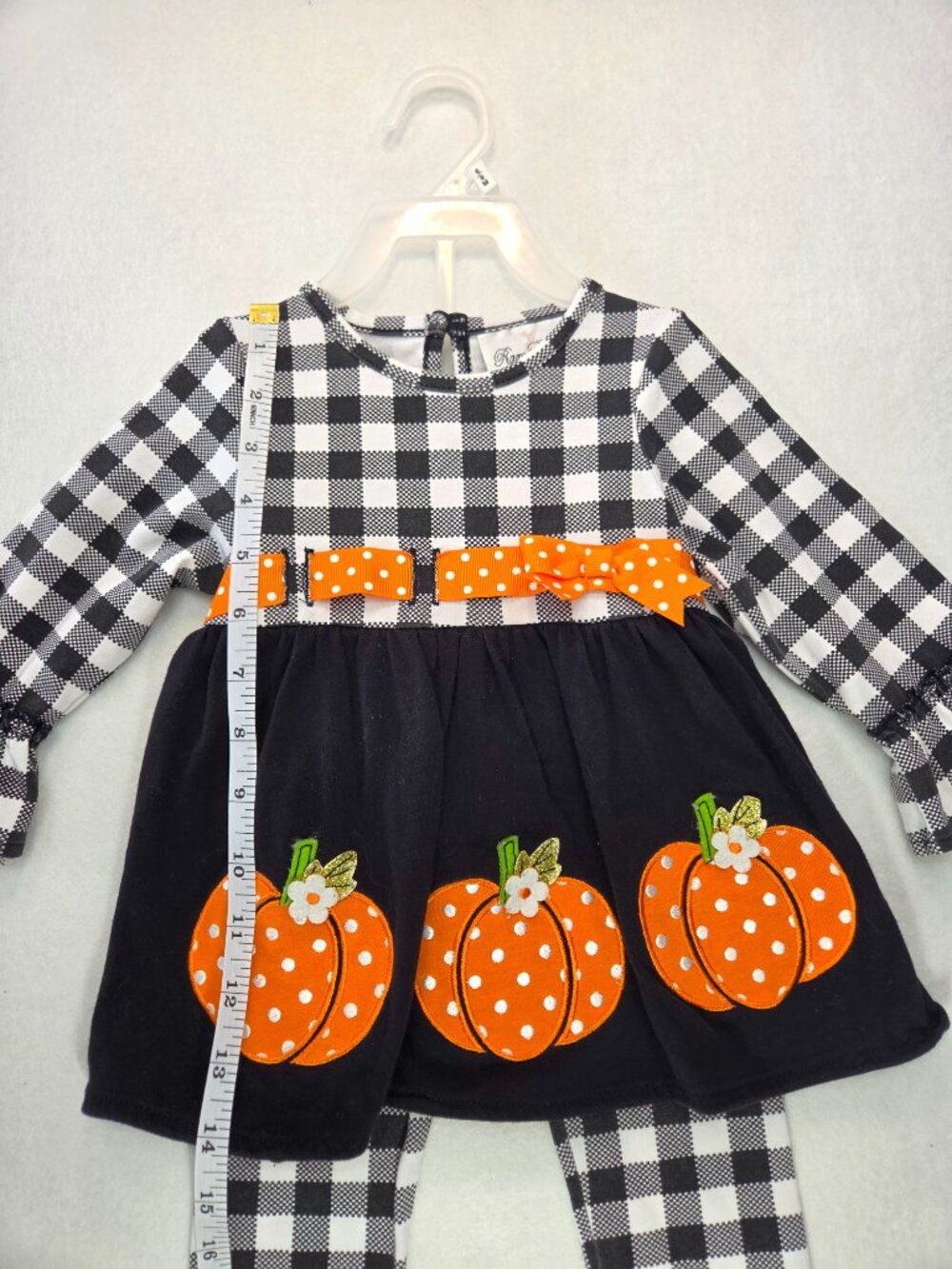 Rare Editions Black White Buffalo Plaid Pumpkin Dress Leggings Set Girls Sz 12M - Picture 4 of 9